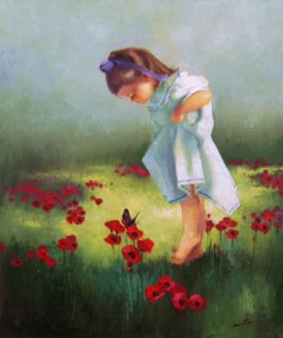 Цветок живопись: Девочка и бабочка. Художник Джафар Эдуард